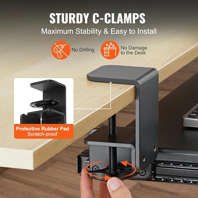 VEVOR Clamp on Keyboard Tray Under Desk, Desk Keyboard Tray Slide Out - Image 3