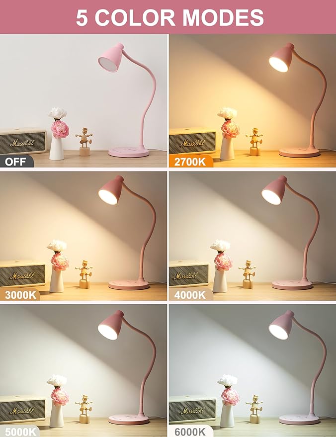 BOHON Cute Desk Lamp with USB C+A Charging Ports, Wireless Charger Pink Lamp - Image 2