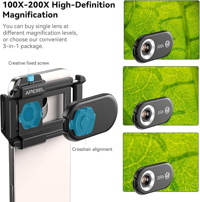 APEXEL 3-in-1 Phone Microscope Lens, 100X/150X/200X Nano Zoom Phone Micro Lens - Image 4