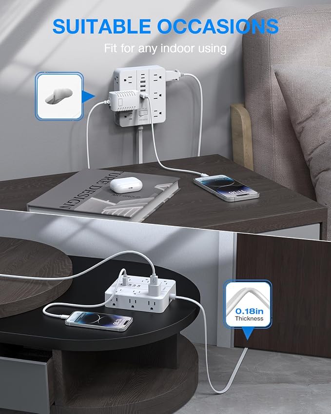 Flat Plug Power Strip Surge Protector, Flat Extension Cord Indoor 20 Feet， - Image 5