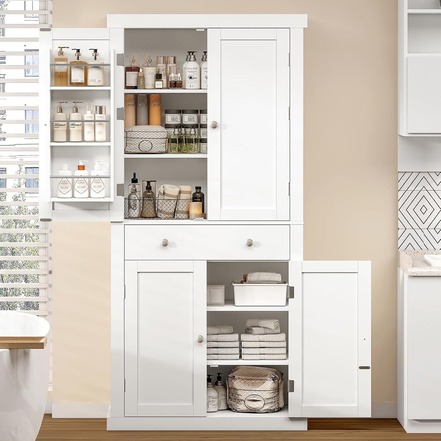 usikey 72” Pantry Cabinet, Tall Kitchen Storage Cabinet with 4 Doors and 1 Drawer, Cupboard with 6 Hanging Shelves and Adjustable Shelves for Kitchen, Dining Room, Living Room, White