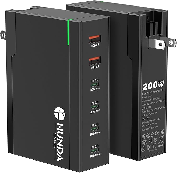 HUNDA 200W USB C Charger GaN Charging Station 6 Ports Fast PD 100W Type C by HUNDA