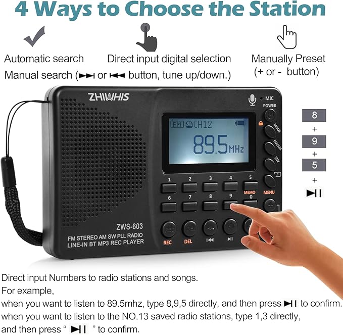 ZHIWHIS Portable Bluetooth Radio, FM AM Shortwave Radios - Image 3