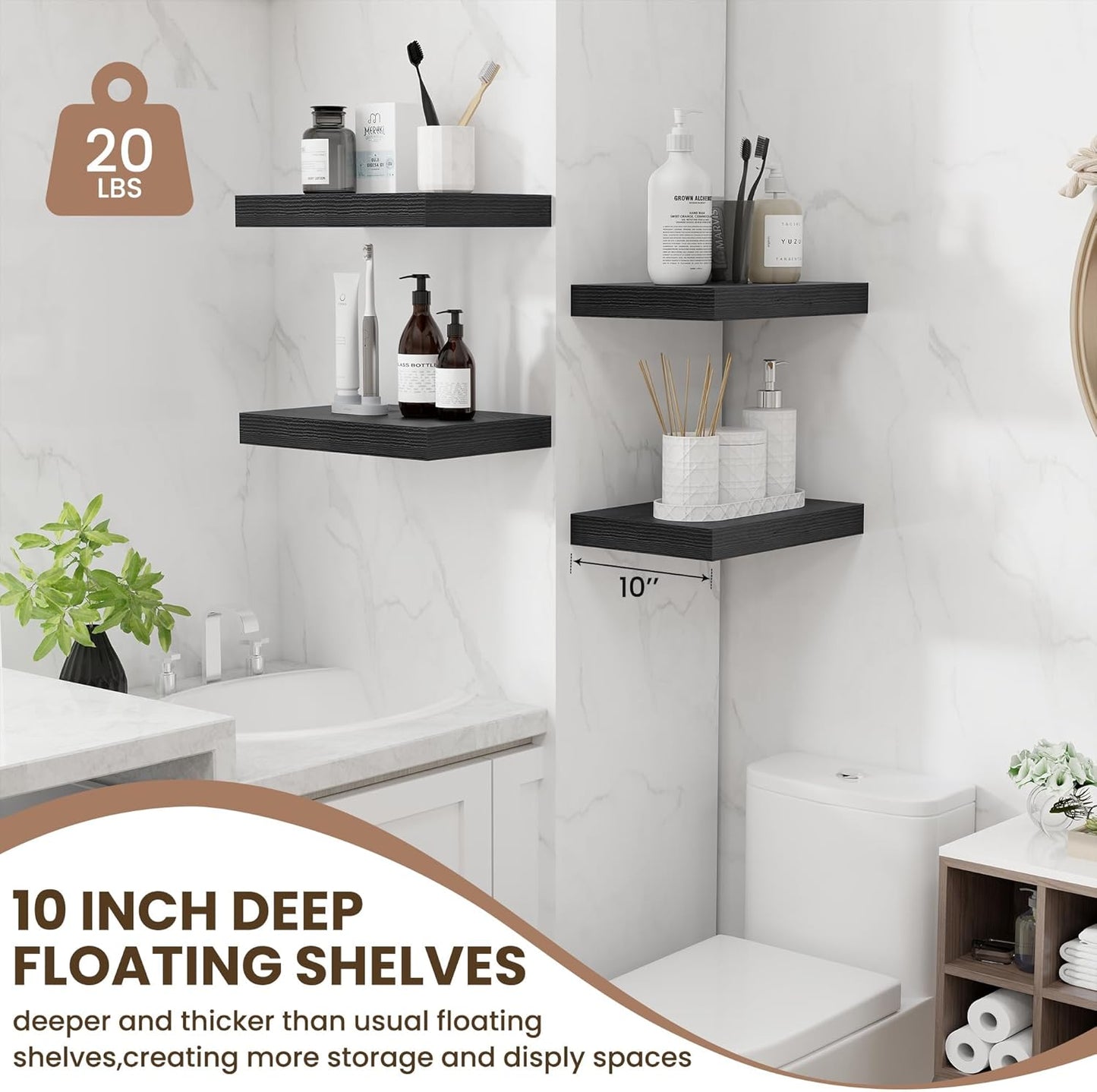Fun Memories Black Floating Shelves for Wall - 10 x 16 Floating Shelf - Rustic Wood Storage Shelf - Wall Shelves with Invisible Bracket - 16" Bookshelves for Living Room & Bedroom - Black - Set of 2