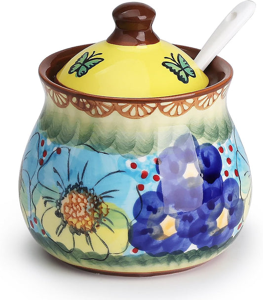 silesia Handmade Sugar Bowl with Lid and Spoon, 9 Ounce Ceramic Hand-Painted Sugar Jar for Home in Gift Box, Kitchen Decor, Oven, Dishwasher & Microwave Safe, Glazed Yellow