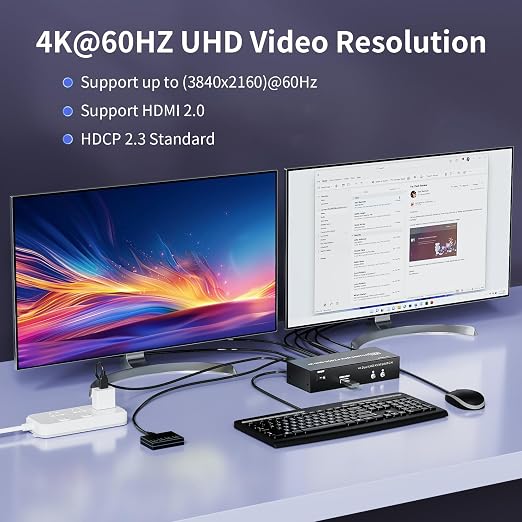 HDMI KVM Switch 2 Monitors 2 Computers 4K@60Hz USB 3.0 KVM Switcher Share Dual - Image 3