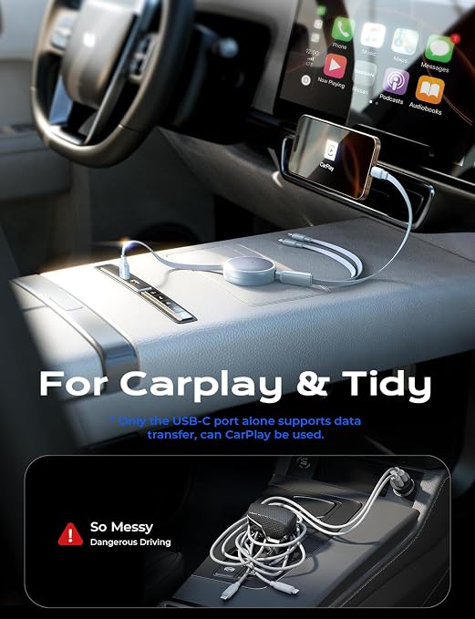 LISEN Multi Charging Cable 3 in 1 iPhone 16 Charger Cord, Retractable Car - Image 3