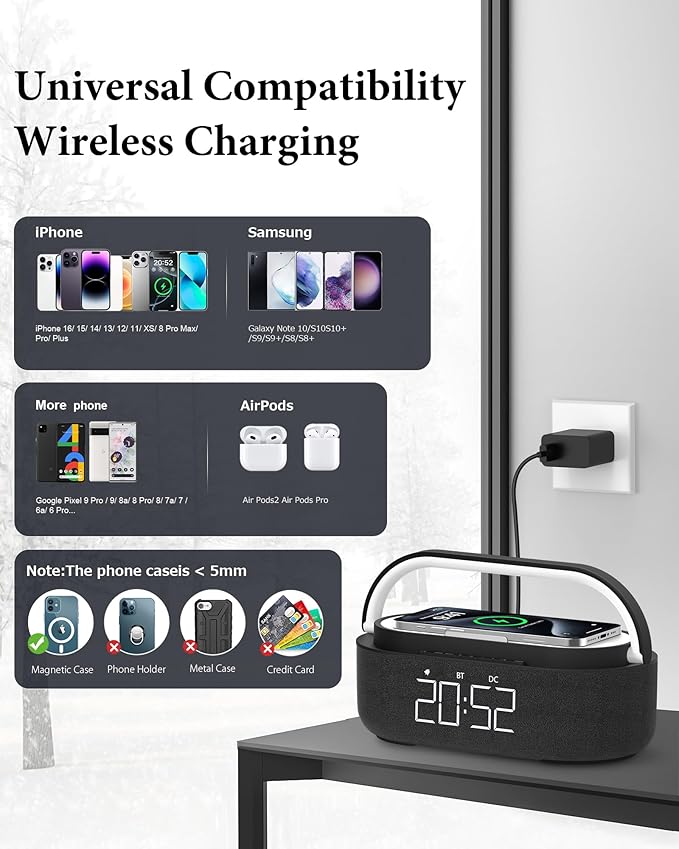 COLSUR Bluetooth Speaker with Wireless Charger, FM Radio, Dimmable LED Night - Image 7