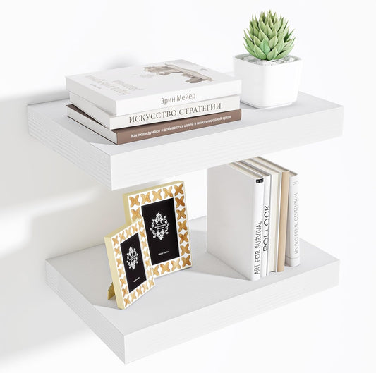 Fun Memories Wood Floating Shelves 16 Inch, 10 Inch Deep Shelves Wall Mount, Wall Shelves with Invisible Bracket, 16" Floating Shelves for Living Room Bathroom Bedroom, White, Set of 2