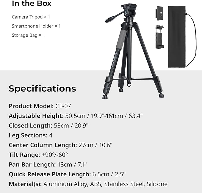 SmallRig CT-07 Aluminum Camera Tripod Stand, 63.4" Travel Tripod - Image 8