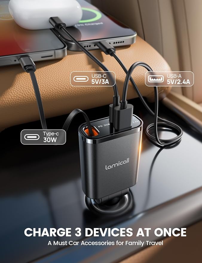 Lamicall Retractable Car Charger USB C Fast Charging 57W Type C Car Phone - Image 3