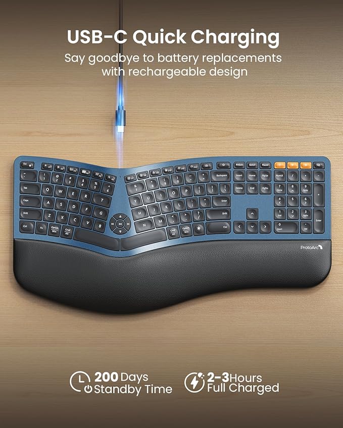 ProtoArc Backlit Bluetooth Ergonomic Keyboard, EK01 Plus Full Size Wireless - Image 5