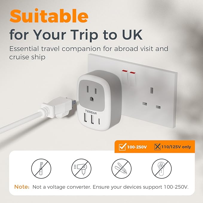 2 Pack UK Adapters for Travel, TESSAN Ireland Plug Adapter - Image 5