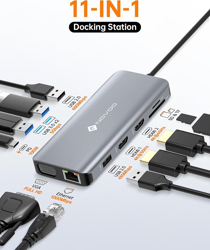 USB C Docking Station Dual HDMI Adapter, 11 in 1 Multi Display Docking Station - Image 2
