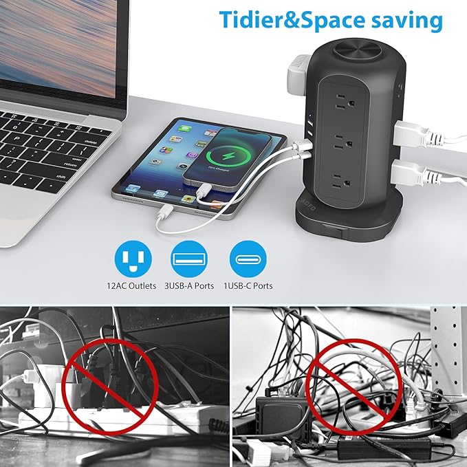 Long Extension Cord 15 ft Power Strip Tower, Surge Protector 12 AC Outlets 4 - Image 3