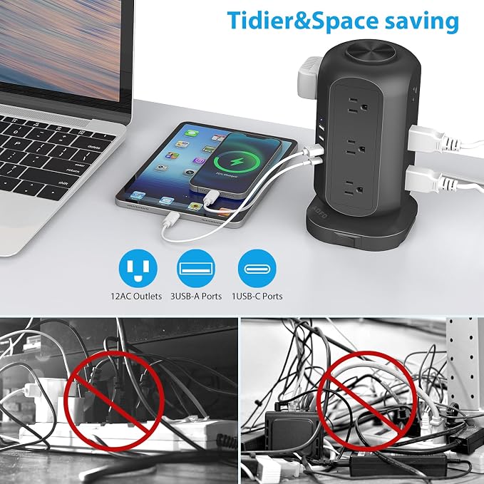 Power Strip Tower AOFO Surge Protector 12 AC Outlets - Image 2