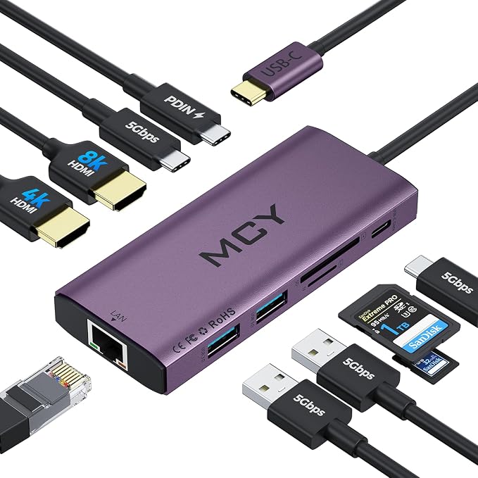 MCY USB C Hub, Laptop Docking Station Dual Monitor Single 8K, 10 in 1 Type-C by MCYDigtal