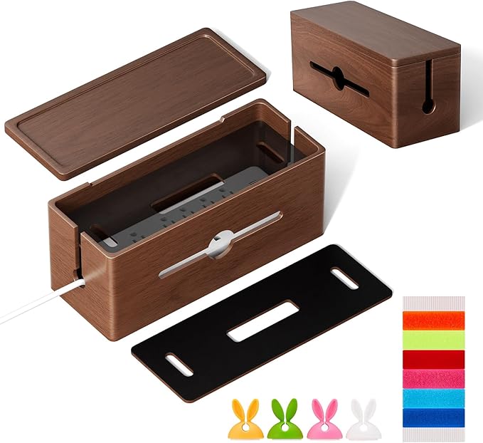 Extra Large Cable Management Box – Brown Double Layer Wooden Cord Organizer by Homebliss