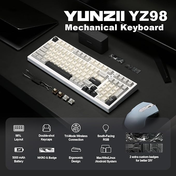 YUNZII YZ98 Gasket Mechanical Keyboard, 99 Key Hot Swappable BT5.0/2.4G/USB-C - Image 2