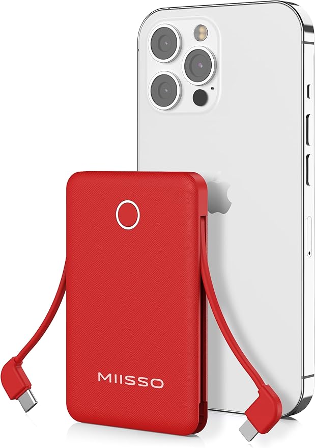 6000mah Ultra Slim Built in Cables Power Bank, Card Size Built in USB C Cords by MIISSO