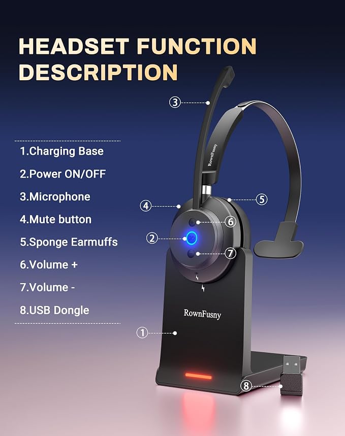 Wireless Headset with Mic for Work, Call Center, Computer Headphones with - Image 9