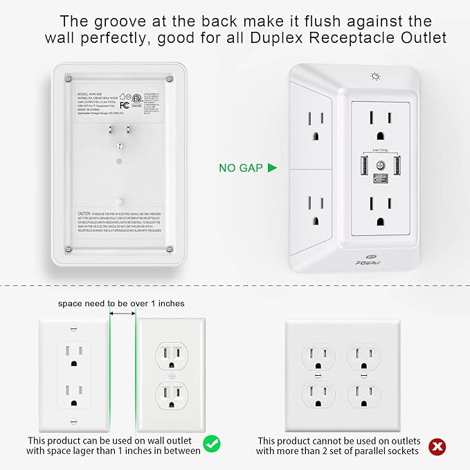 POWRUI Multi Plug 6 Outlet Surge Protector Extender - Image 3
