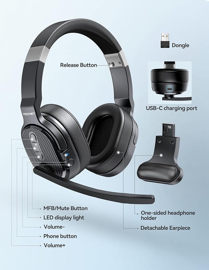 TECKNET Bluetooth Trucker Headset, Single and Dual Ear Wireless Headset - Image 6