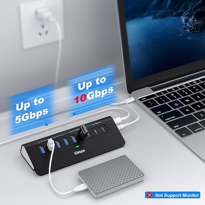Powered USB Hub 10Gbps, intpw YH6AC 9-Port USB HUB - Image 4