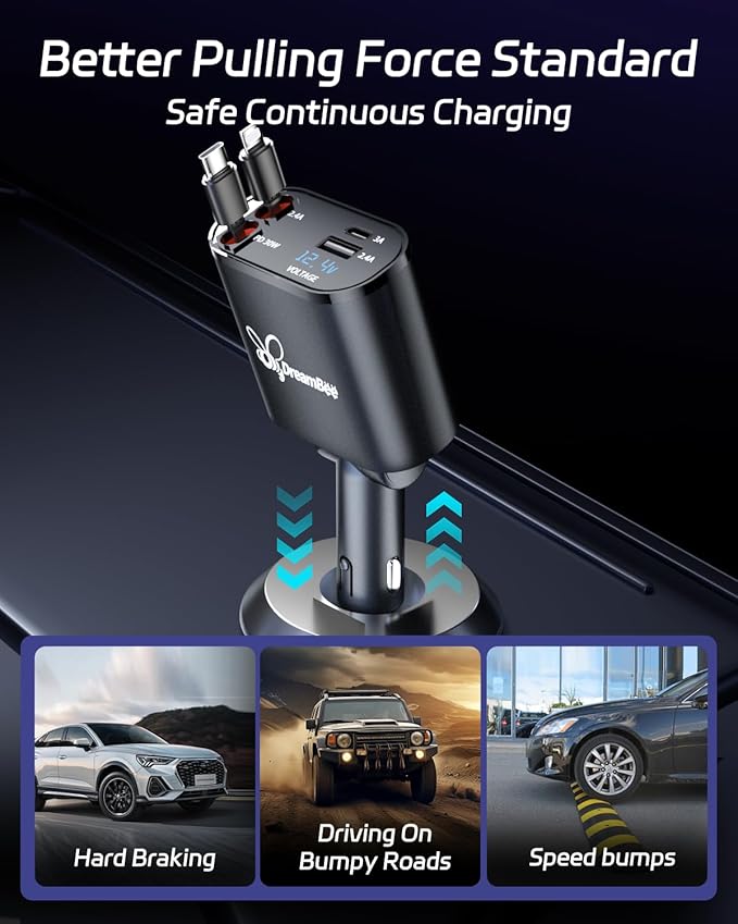 DreamBee Retractable Car Charger, 66W 4 in 1 Super Fast Charge Car Phone Charger - Image 6