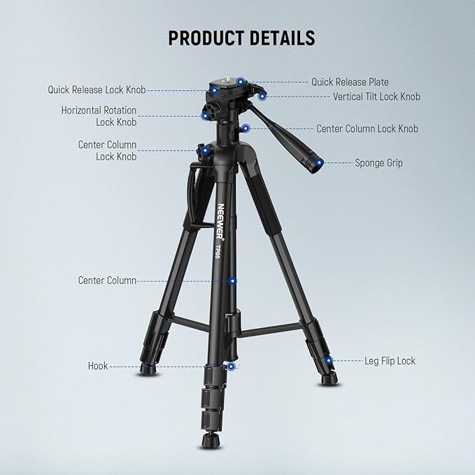 NEEWER Basic 74" Video Tripod Monopod, 3 Way Pan Tilt Head, Overhead Camera - Image 8