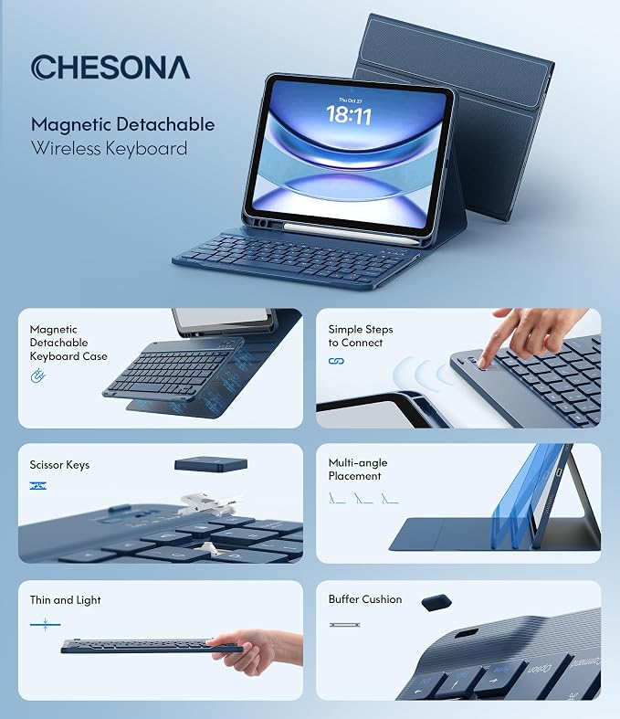 CHESONA Keyboard Case for iPad 11th/10th Generation, Detachable Wireless - Image 3