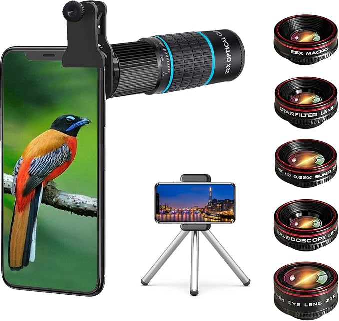 Phone Camera Lens Kit 10 in 1 for iPhone Samsung Pixel Android, 22X Telephoto by Bostionye