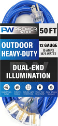 50 ft - 12 Gauge Heavy Duty Extension Cord - Lighted on Both Ends - SJTW Blue - by PremierWire