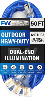 50 ft - 12 Gauge Heavy Duty Extension Cord - Lighted on Both Ends - SJTW Blue - by PremierWire