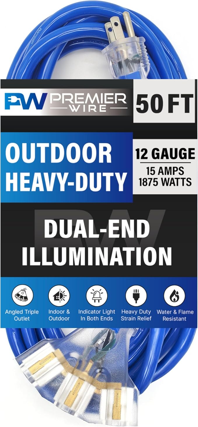 50 ft - 12 Gauge Heavy Duty Extension Cord - Lighted on Both Ends - SJTW Blue - by PremierWire
