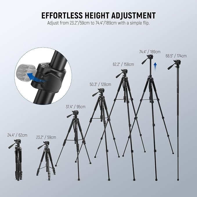 NEEWER Basic 74" Video Tripod Monopod, 3 Way Pan Tilt Head, Overhead Camera - Image 5