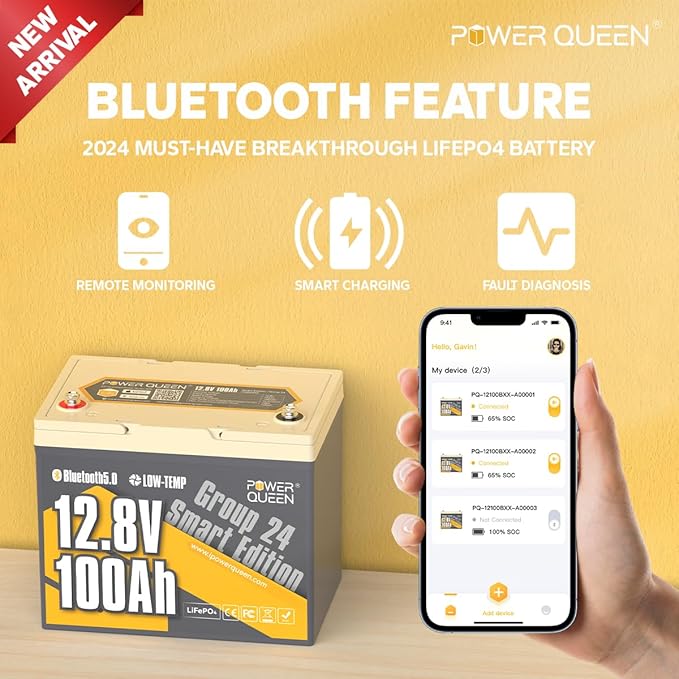 Power Queen Bluetooth 12V 100Ah LiFePO4 Battery - Image 2