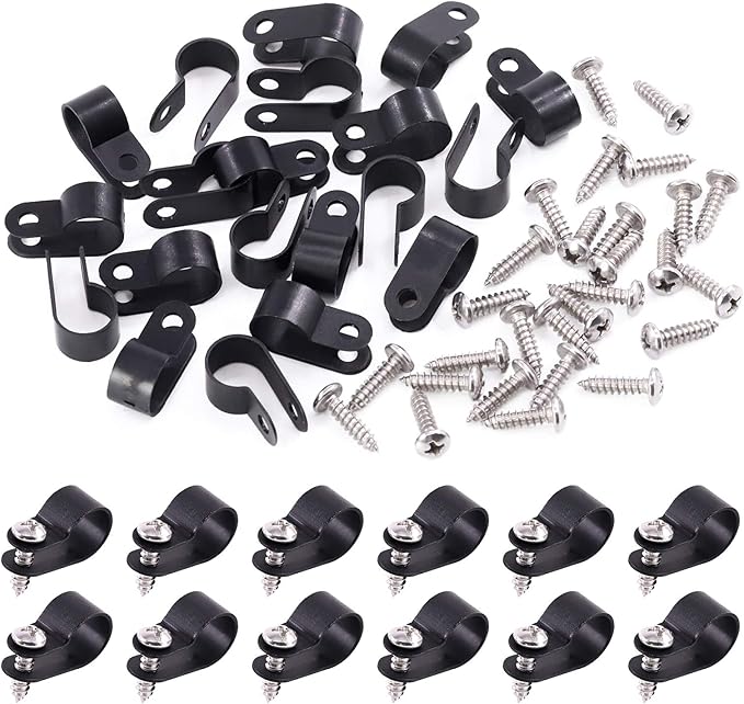 Swpeet 120 Pack Black 1/2 Inch Nylon Plastic R-Type Cable Clips Clamp Kit by Swpeet