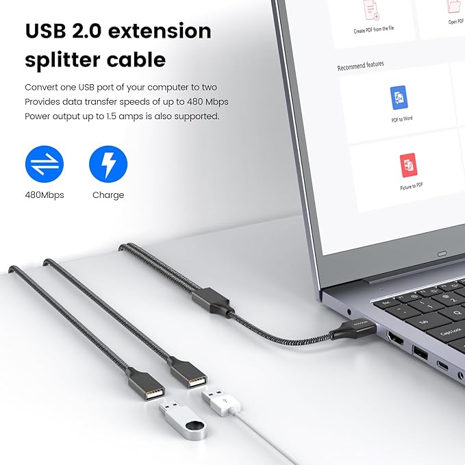 Durable USB A Male to 2 Female Extension Cord - Image 3