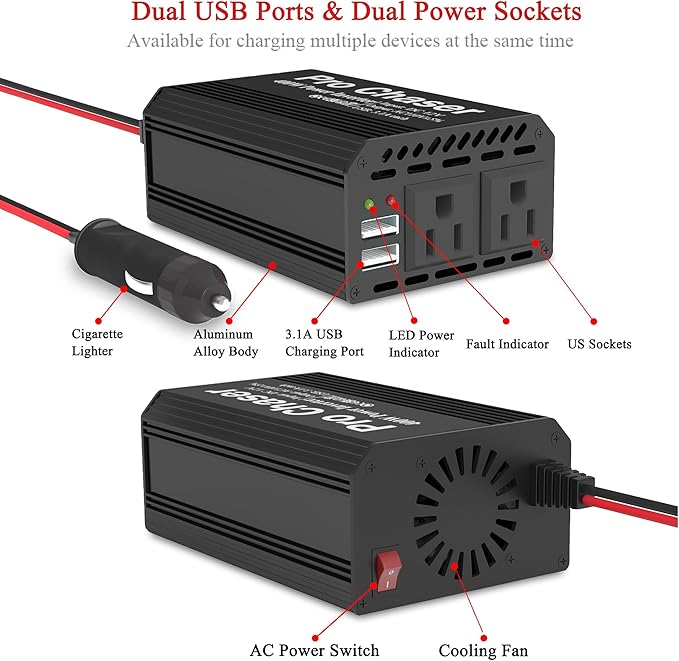 Pro Chaser 400W Car Power Inverter 12V DC to 110V AC Car Truck RV Inverter 6.2A - Image 5