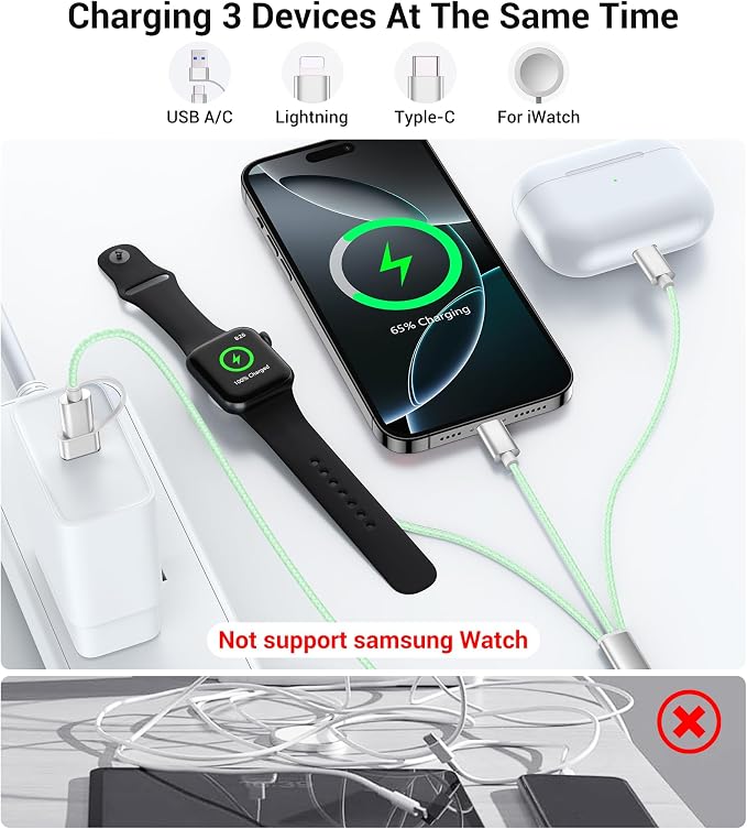 Temdan for Travel Vacation Essentials, 3 in 2 USB C Cable for Apple Watch - Image 3