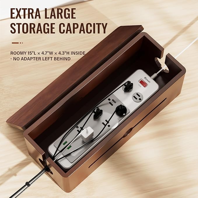Cinati Large Cable Management Box, 15.8" Wooden Cable Organizer - Image 6