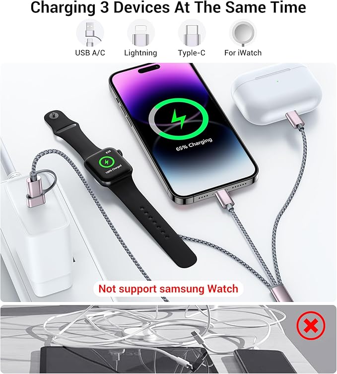 Temdan for Travel Essentials, 3 in 2 USB C Cable for Apple Watch Charger/iPhone - Image 4