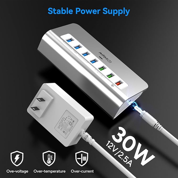 Powered USB Hub 10Gbps, Aluminum 7 Port USB 3.2 Data Hub - Image 6