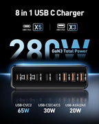 280W USB C Charger Block, 8-Port USB C Charging Station GaN III PD 65W Laptop - Image 2
