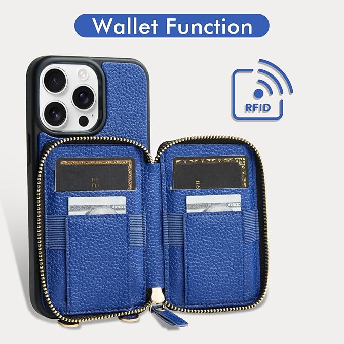 ZVE for iPhone 15 Pro Crossbody Wallet Case for Women, Card Holder Phone Purse - Image 2