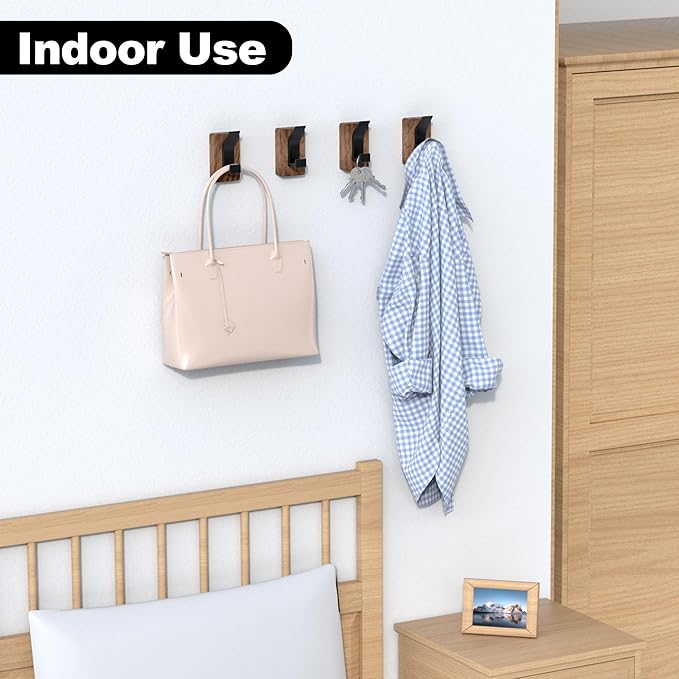 4 PCS Black Walnut Wood Wall Hooks Adhesive Mounted & Wall Mounted Rustic - Image 4