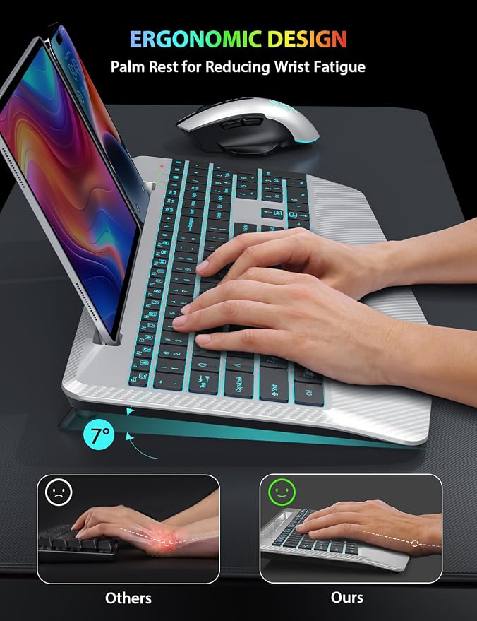 Wireless Keyboard and Mouse Backlits, Wrist Rest, LED Mouse, Rechargeable - Image 3