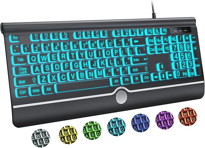 Large Print Backlit Computer Keyboard, USB Full Size Wired Keyboards by KOPJIPPOM