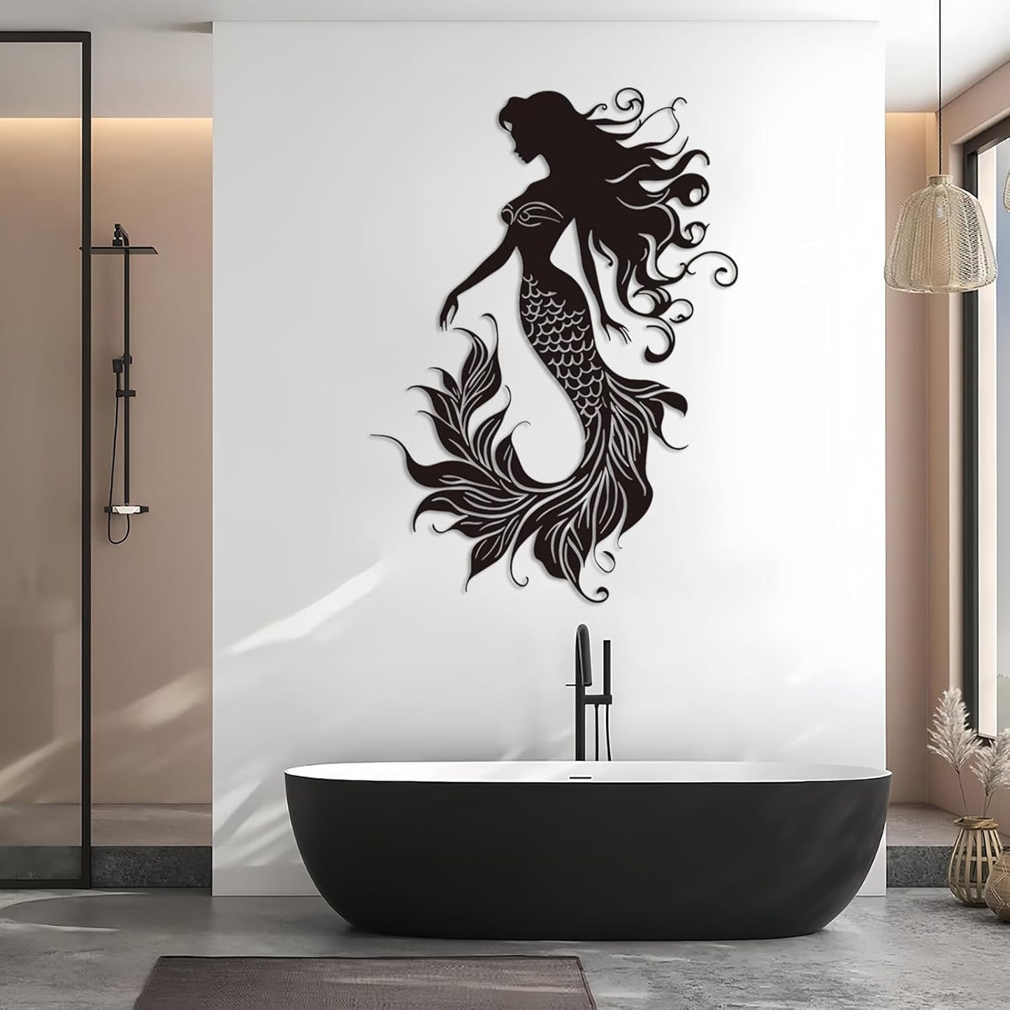 Veplsur Mermaid Metal Wall Art, Metal Mermaid Wall Decor, Marine Biology Wall Decor, Ocean Wall Art, Nautical Wall Hanging, Beach Hanging for Bathroom Bedroom (White, 19"x13"|47x33cm)